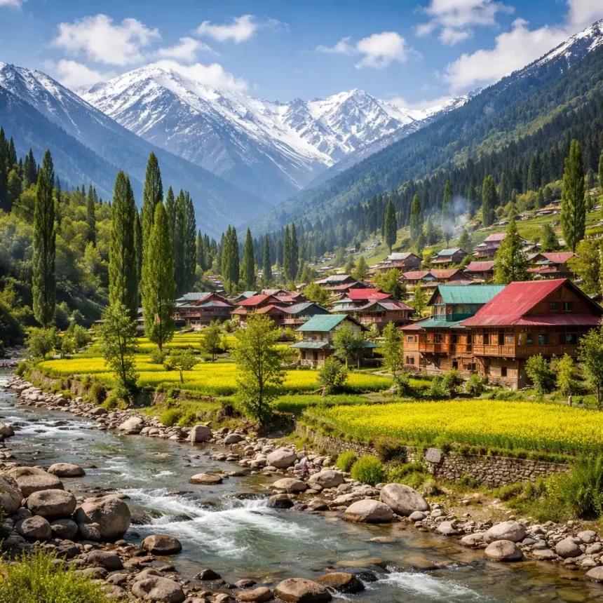 Village stream with mustard fields