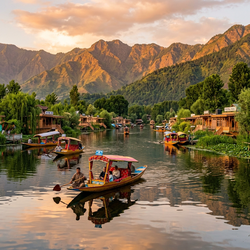 Dal Lake Srinagar with shikara boats and mountain backdrop