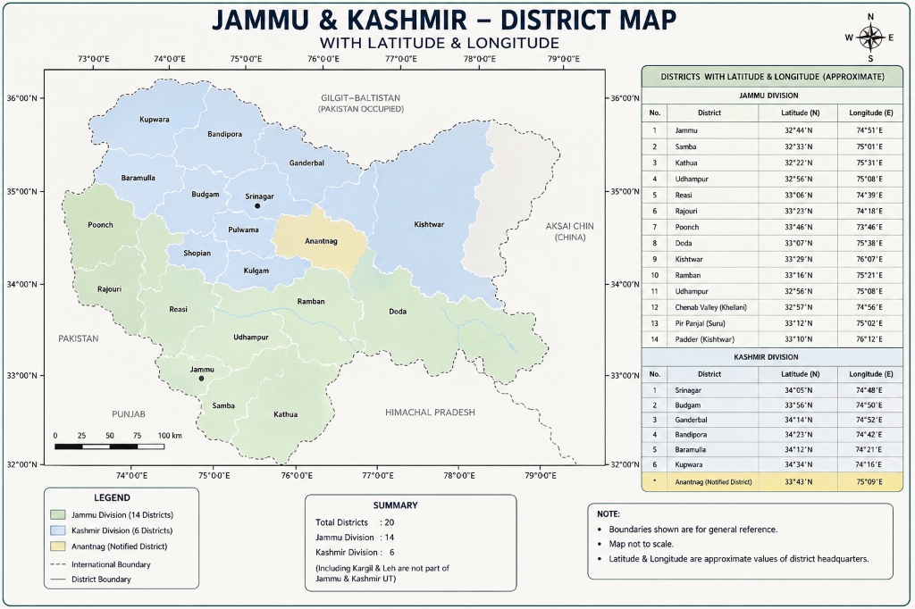 Jammu & Kashmir Knowledge District Map with Latitude and Longitude