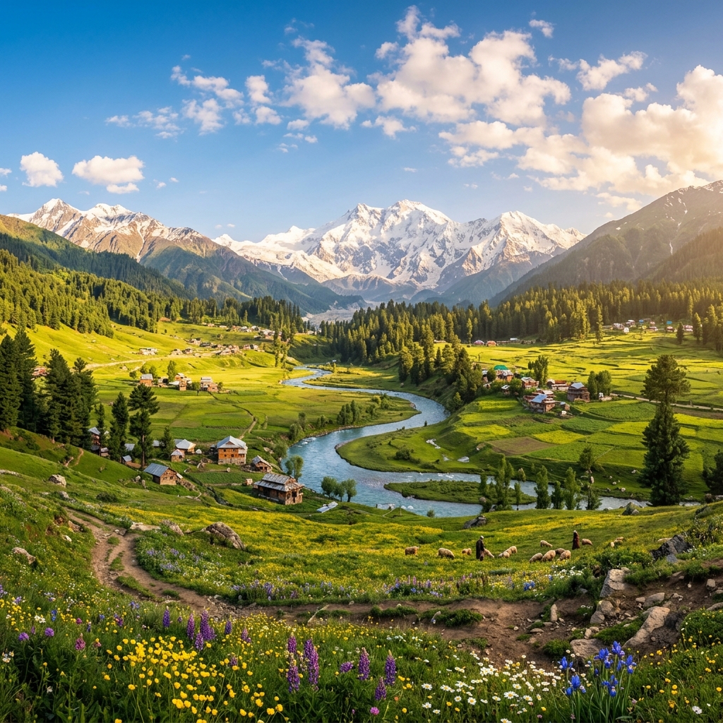 Kashmir Valley panorama with Himalayan peaks and green meadows