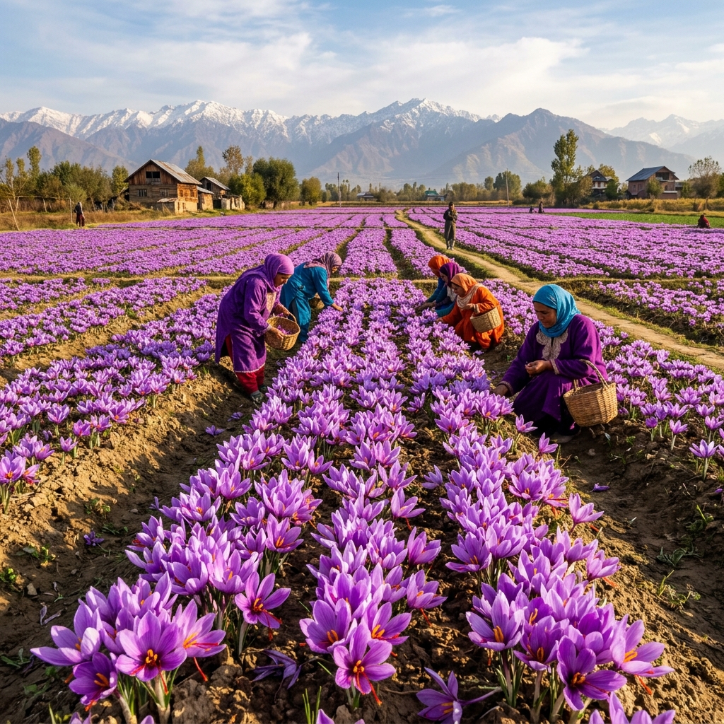 Saffron crocus fields in Pampore Kashmir, purple flowers