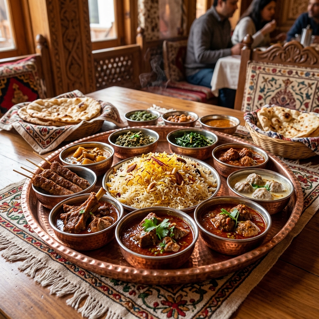 Kashmiri Wazwan feast with multiple dishes in copper tray